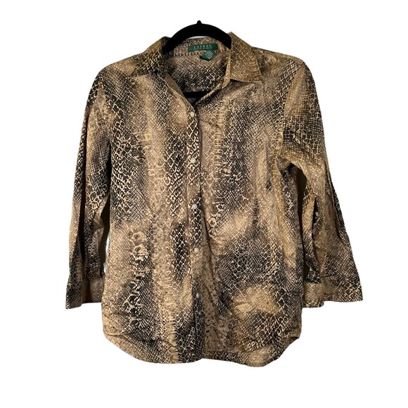 Lauren Ralph Lauren Brown Snakeskin Button Down Blouse Women's Size Small - Picture 1 of 4